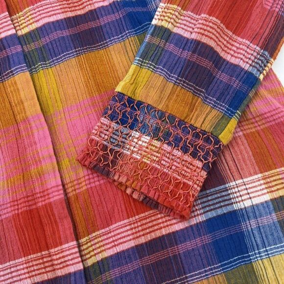 Soft Surroundings Womens Top PM Pink Gauze Plaid Sansonne Embroidered - Picture 2 of 5